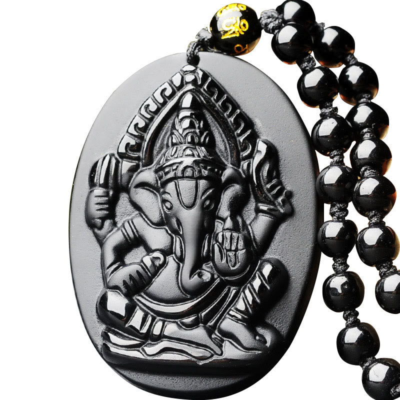 Tibetan Obsidian Ganesh Ganpati Elephant Wealth Amulet Necklace
