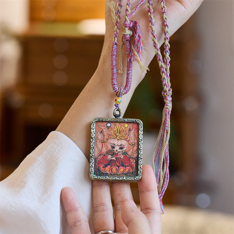 Tibetan Hand-Painted Thangka Nine-Tailed Fox Luck Necklace Pendant