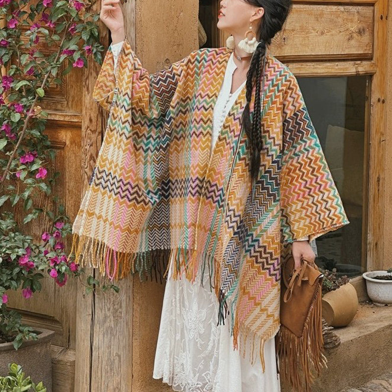 Tibetan Shawl Colorful Wavy Striped Shapes Tassels Winter Cozy Travel Scarf Wrap