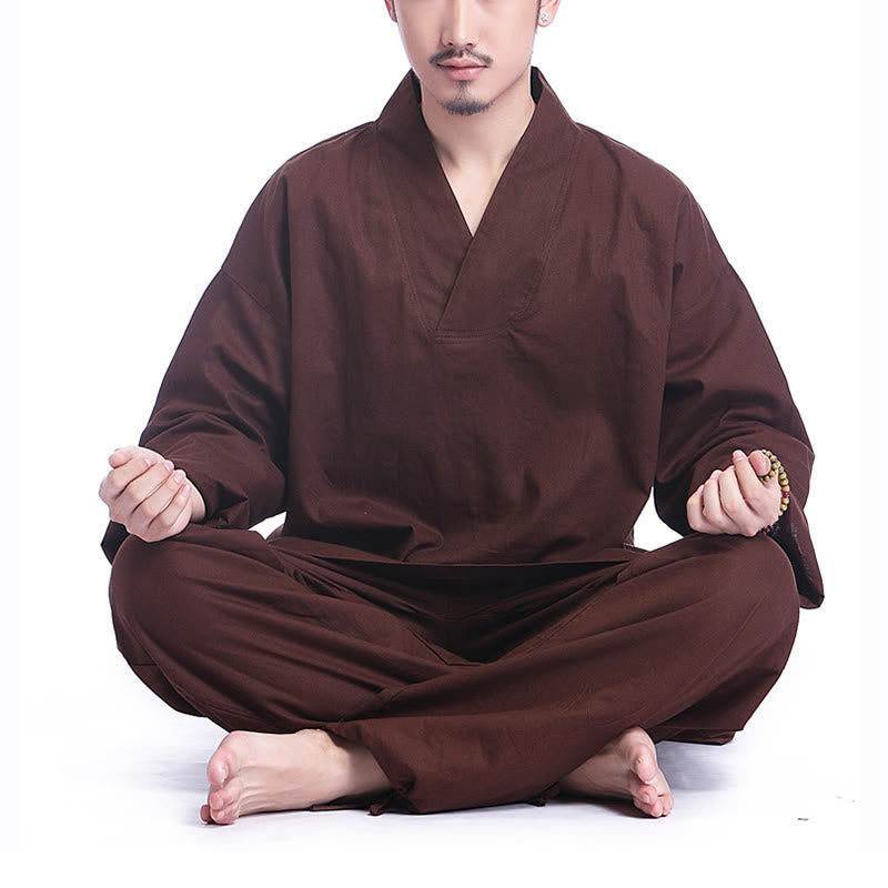 Meditation Prayer V-neck Design Cotton Linen Spiritual Zen Practice Yoga Clothing Men's Set