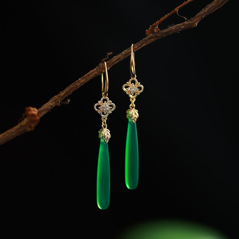 925 Sterling Silver Natural Green Agate White Agate Success Drop Earrings
