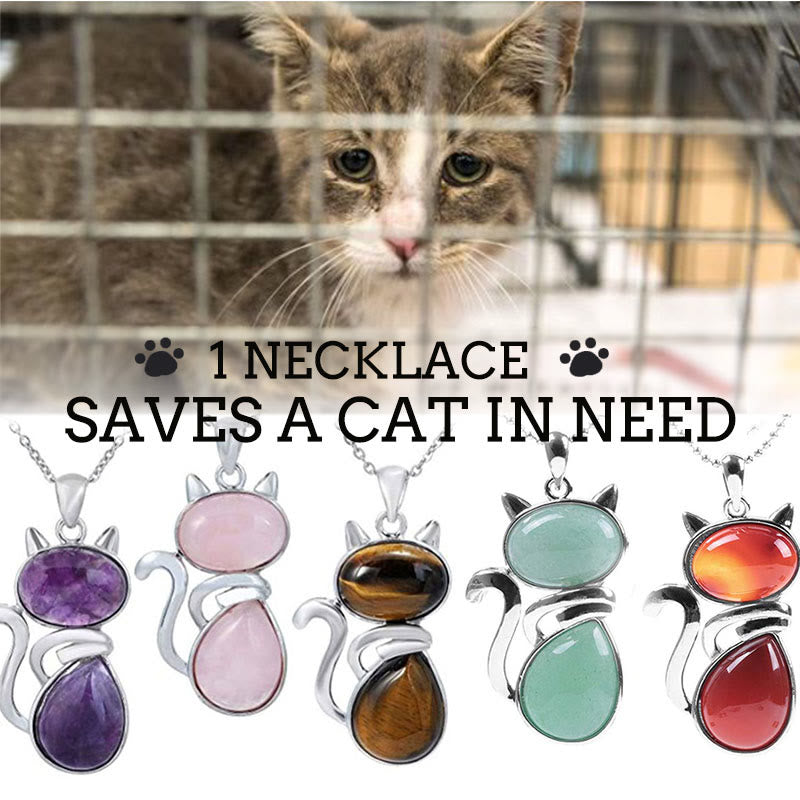 "Save A Cat" Cute Cat Pattern Natural Crystal Protection Cat-Loving Pendant Necklace