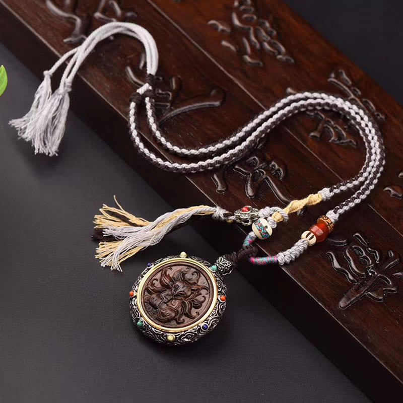 Agarwood Nine Tailed Fox Zakiram Goddess of Wealth Green Tara Thangka Luck String Necklace