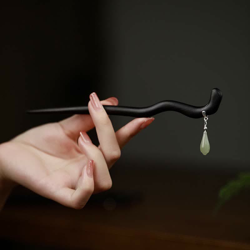 925 Sterling Silver Natural Hetian Jade Ebony Wood Luck Charm Hairpin