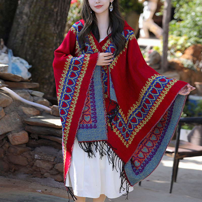 Tibetan Shawl Red Love Heart Tassel Hooded Cloak Winter Cozy Travel Scarf Wrap