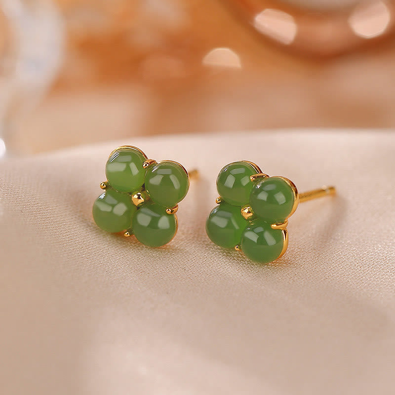 925 Sterling Silver Plated Gold Natural Cyan Jade Four Leaf Clover Luck Stud Earrings