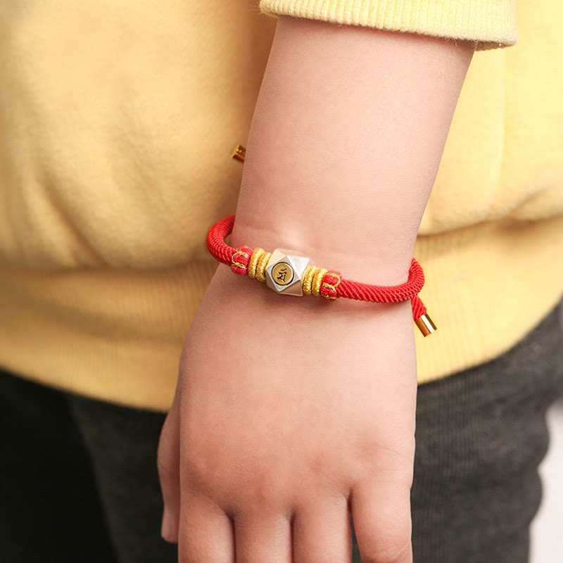 999 Sterling Silver Chinese Zodiac Natal Buddha Red Rope Luck Strength Handcrafted Kids Bracelet