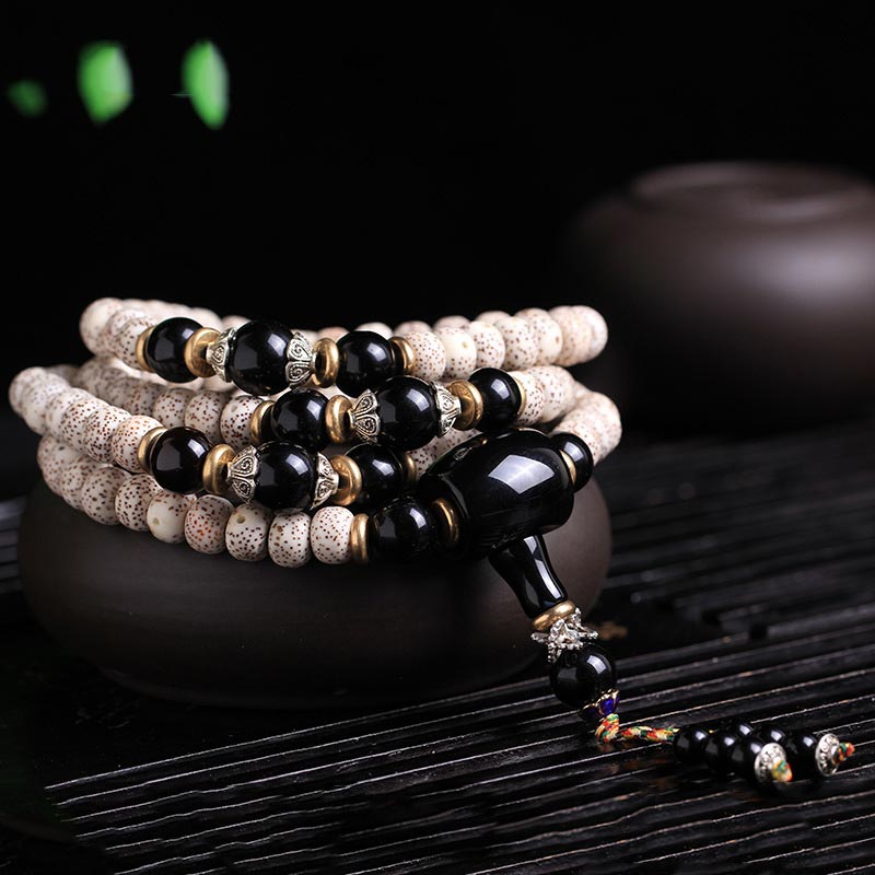 108 Beads Bodhi Seed Mala Black Obsidian Blessing Bracelet