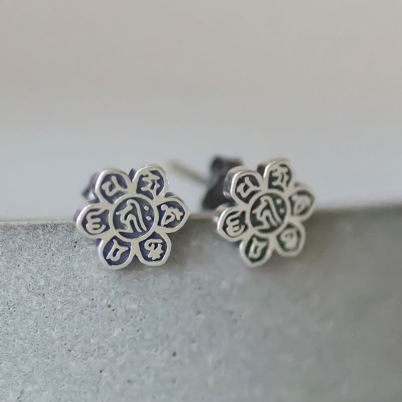 Tibetan 925 Sterling Silver Om Mani Padme Hum Flower Pattern Peace Stud Earrings
