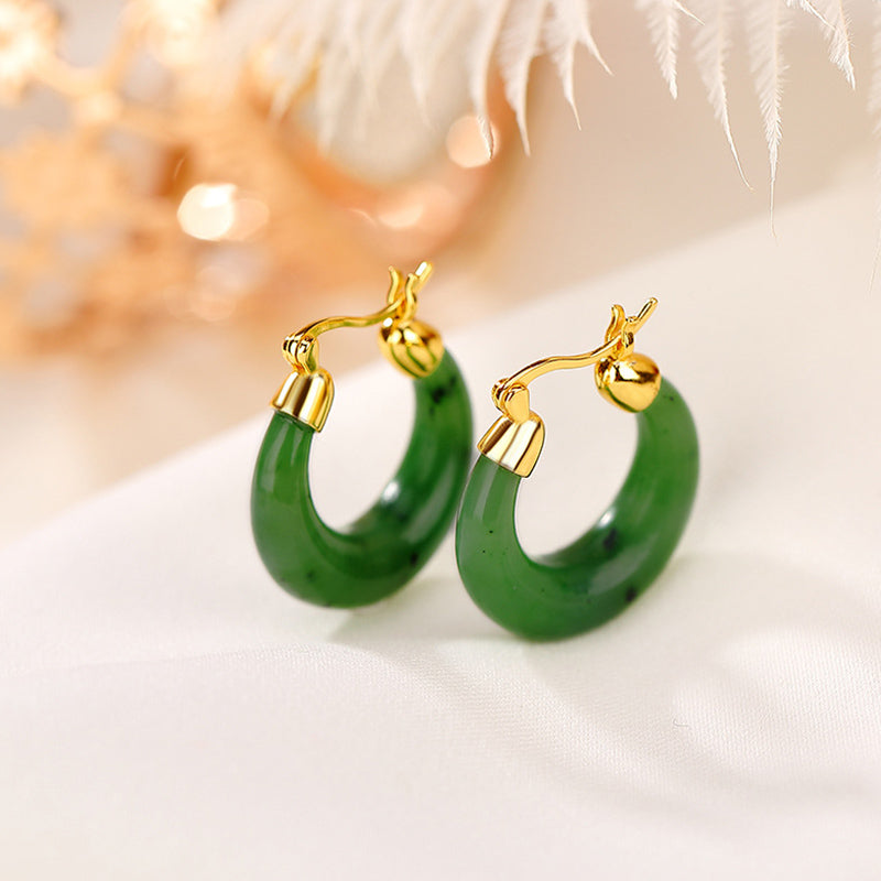 925 Sterling Silver Plated Gold Natural Round Hetian Cyan Jade Luck Drop Earrings