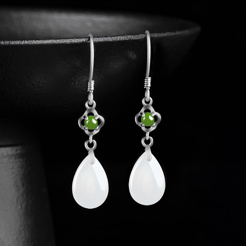 925 Sterling Silver Natural Hetian White Jade Water Drop Design Protection Drop Dangle Earrings