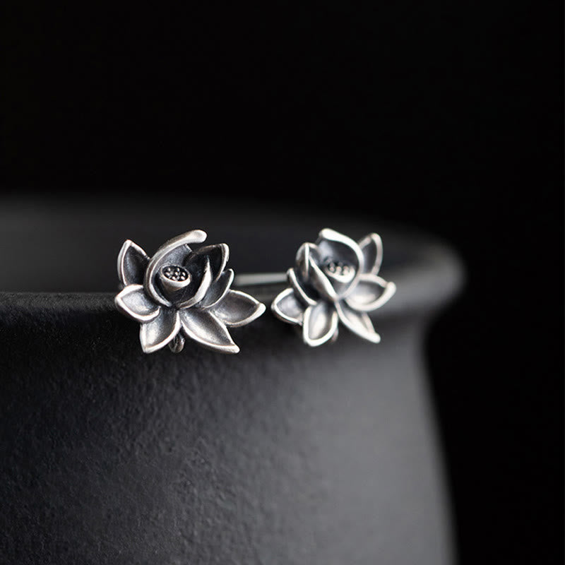 925 Sterling Silver Lotus Flower Enlightenment Stud Earrings