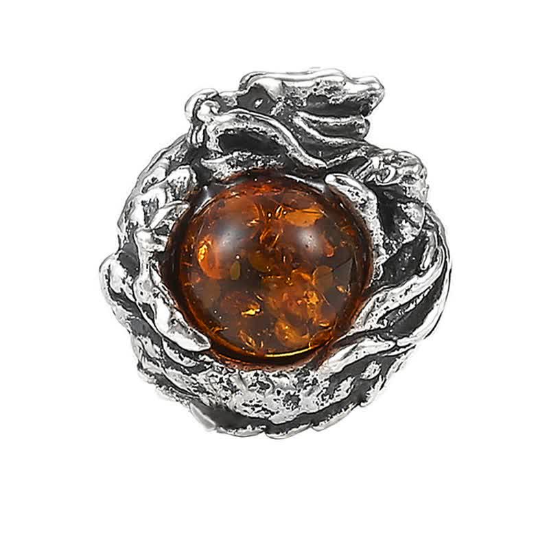 925 Sterling Silver Natural Amber Dragon Success Protection Stud Earring