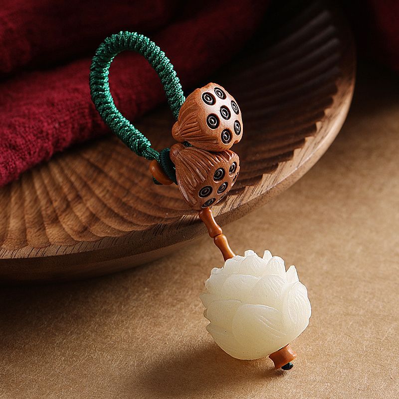 Lotus Natural White Bodhi Seed Peach Wood Luck Keychain Decoration