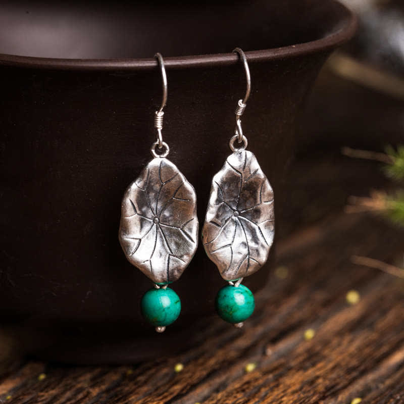 925 Sterling Silver Turquoise Lotus Leaf Protection Drop Dangle Earrings