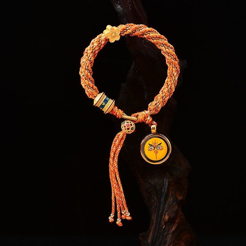 Tibet Handmade Five God Of Wealth Luck Thangka Amulet Prayer Wheel Flower Charm Weave String Bracelet