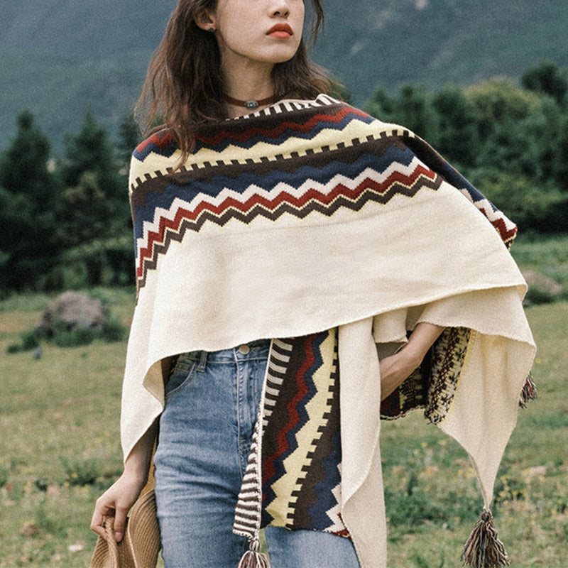 Tibetan Colorful Striped Shawl Tassels Cozy Warm Travel Scarf Wrap