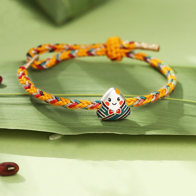 925 Sterling Silver Dragon Boat Festival Zongzi Pattern Luck Handmade Multicolored Rope Child Adult Bracelet