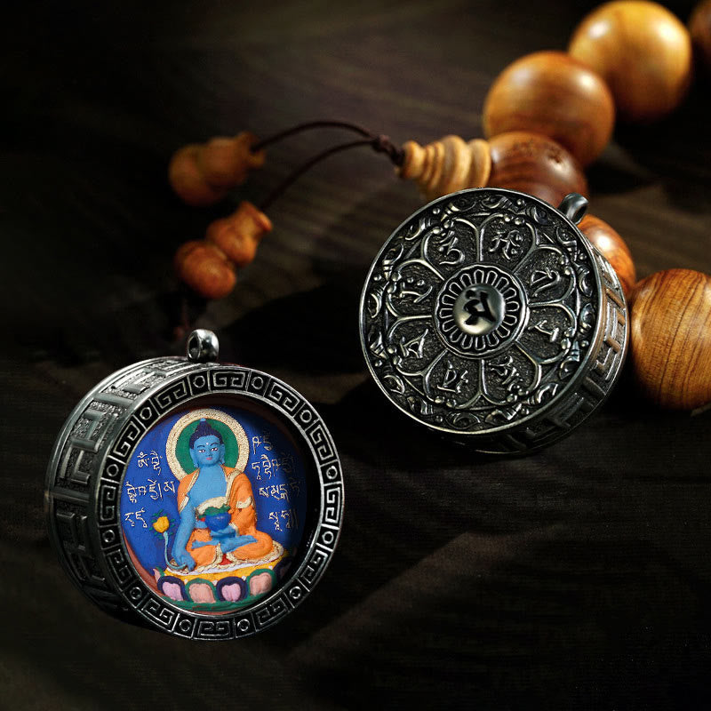 Tibet Handmade Medicine Buddha Zakiram Goddess of Wealth Green Tara Mantra Lotus Thangka Charm Accessories