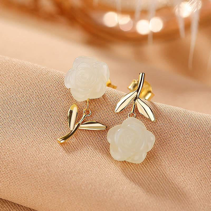 925 Sterling Silver Plated Gold Jade Rose Flower Cyan Jade Pearl Luck Earrings