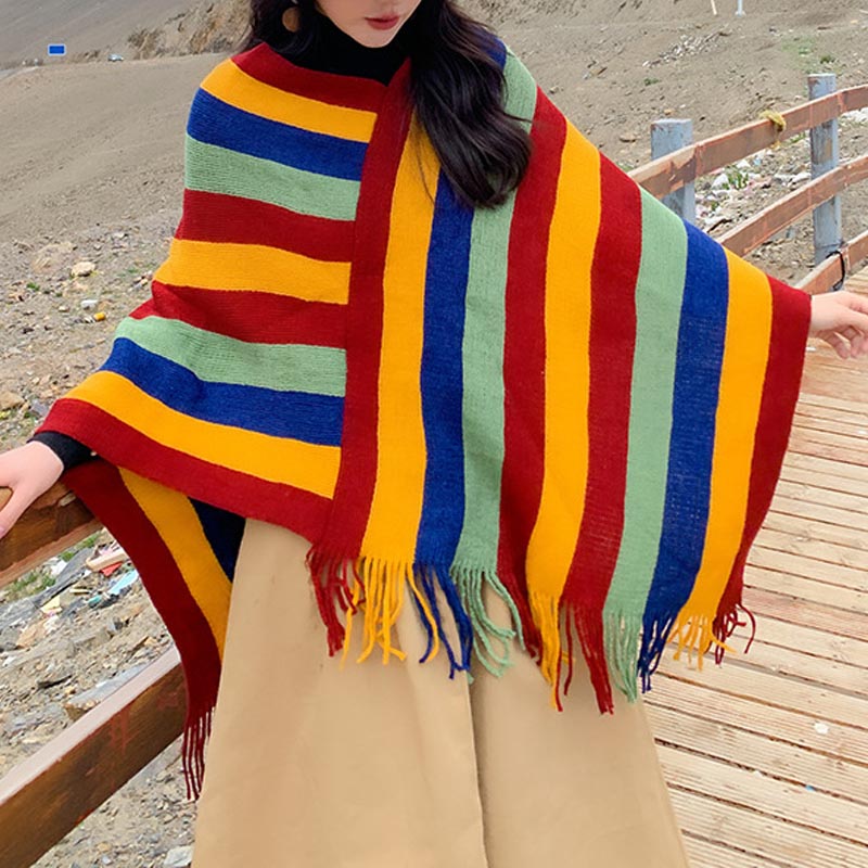 Tibetan Colorful Striped Design Shawl Tassels Pullover Winter Cozy Travel Scarf Wrap