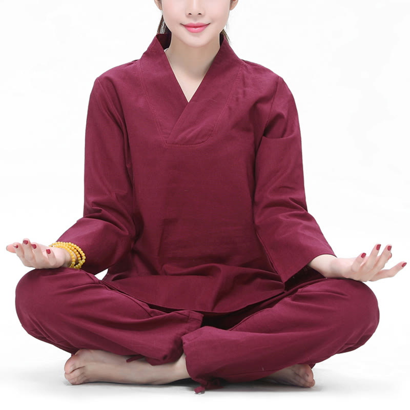 Zen Practice Yoga Meditation Prayer V-neck Design Uniform Cotton Linen Clothing Women's Set