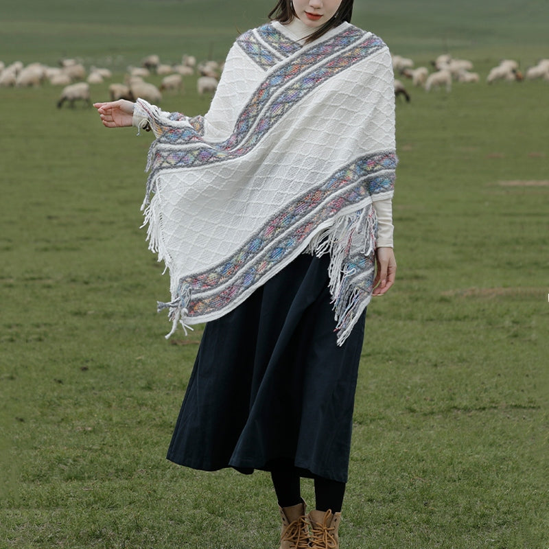 Tibetan Colorful Striped Rhombus Pattern Shawl Tassels Pullover Winter Cozy Travel Scarf Wrap