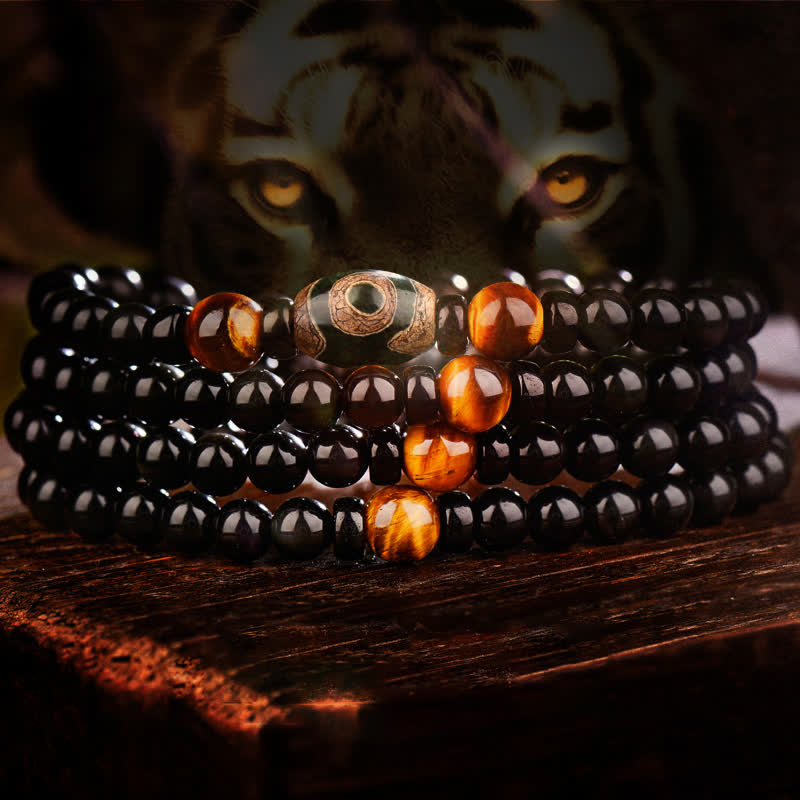 108 Beads Black Obsidian Dzi Bead Tiger Eye Agate Healing Mala Bracelet