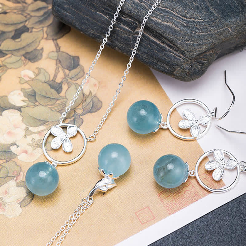925 Sterling Silver Natural Aquamarine Leaf Flower Peace Earrings Necklace