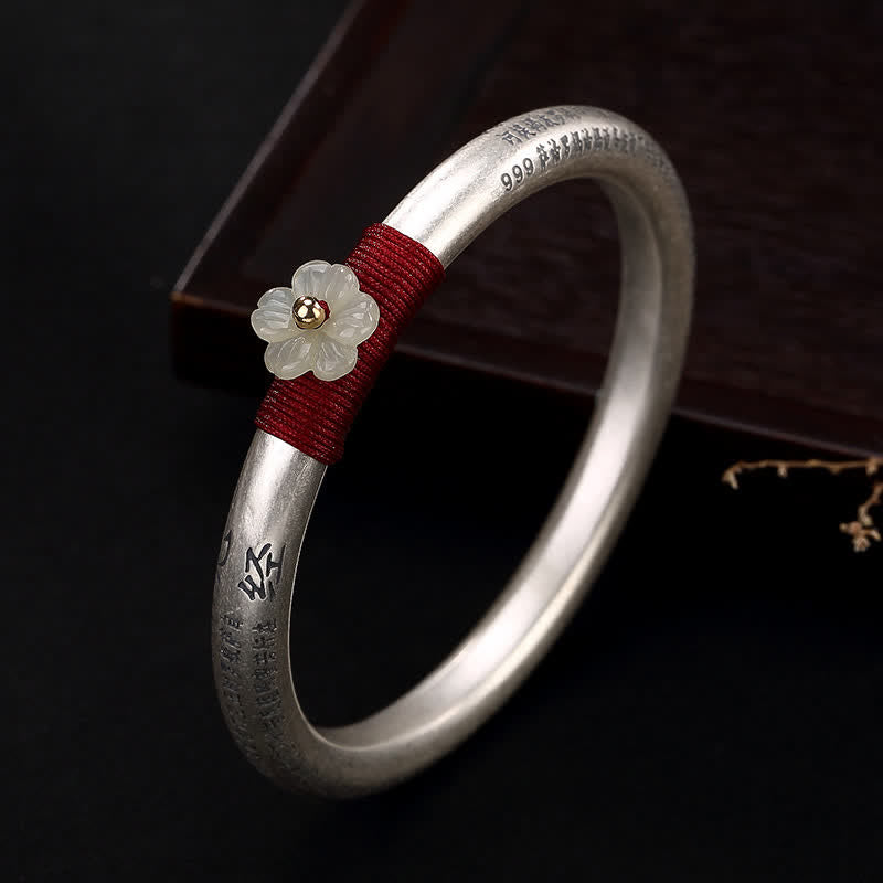 999 Sterling Silver Hetian Jade Plum Blossom Heart Sutra Red String Luck Bracelet Bangle