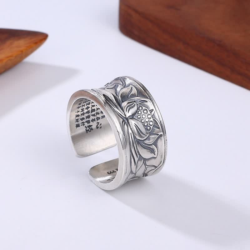 999 Sterling Silver Lotus Flower Heart Sutra Protection Ring
