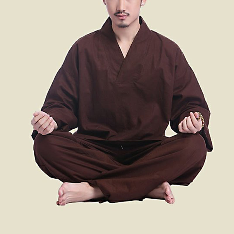 Meditation Prayer V-neck Design Cotton Linen Spiritual Zen Practice Yoga Clothing Men's Set