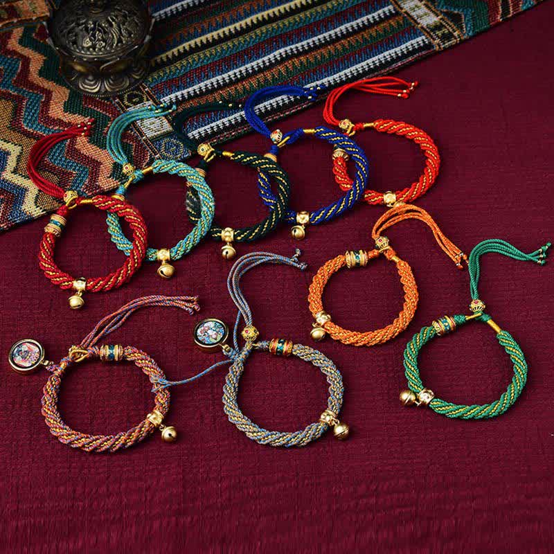 Tibetan Handmade Luck Protection Thangka Prayer Wheel Bell Charm Braid String Bracelet