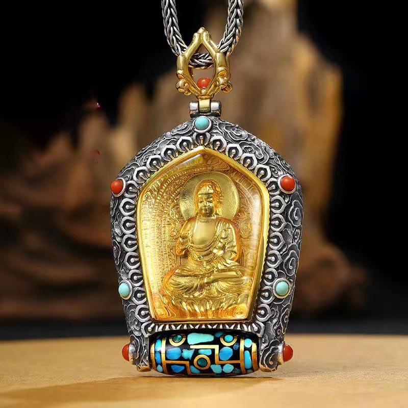 Tibet Chinese Zodiac Natal Buddha Thangka Prosperity Rotatable Dzi Bead Necklace Pendant