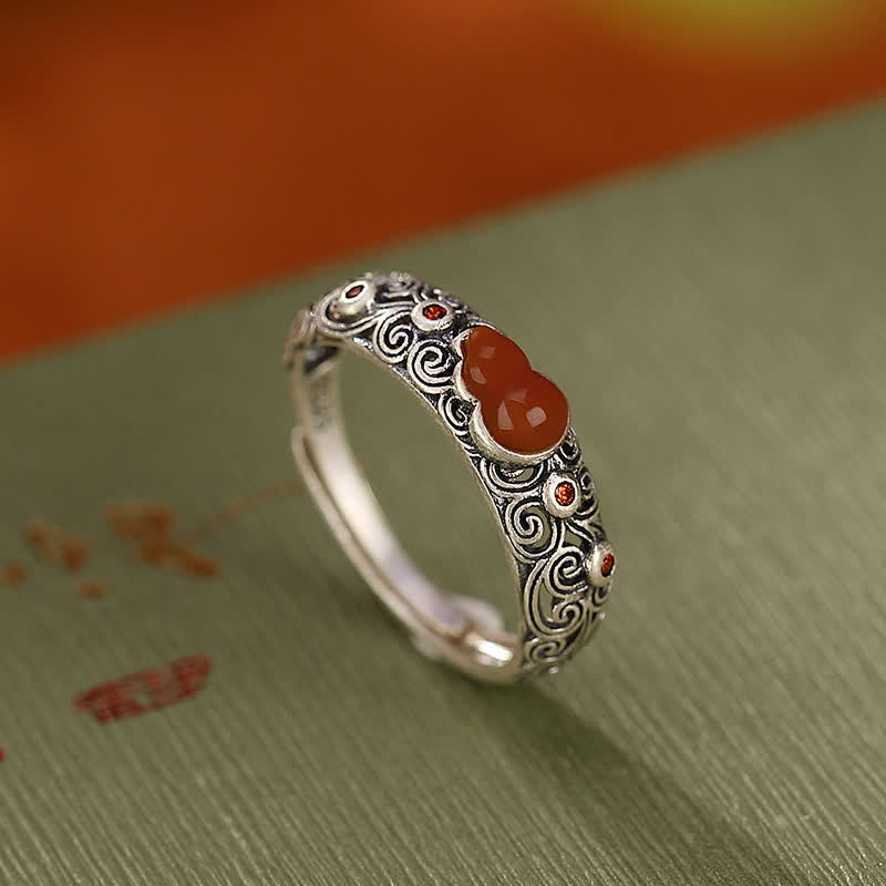 925 Sterling Silver Red Agate Cyan Jade Gourd Blessing Auspicious Ring