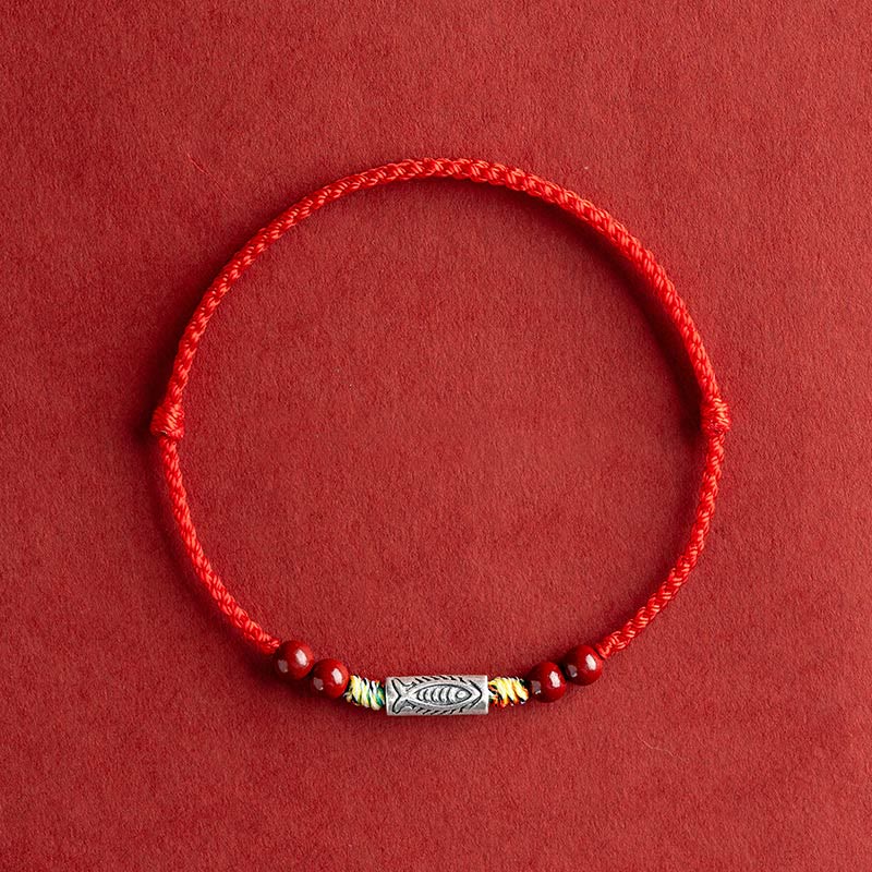 925 Sterling Silver Koi Fish Cinnabar Bead Wealth Handcrafted Braided Bracelet Anklet