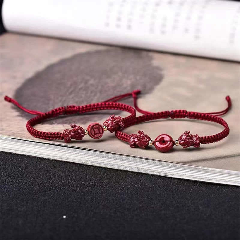 Cinnabar PiXiu Blessing Copper Coin Peace Buckle Red String Bracelet