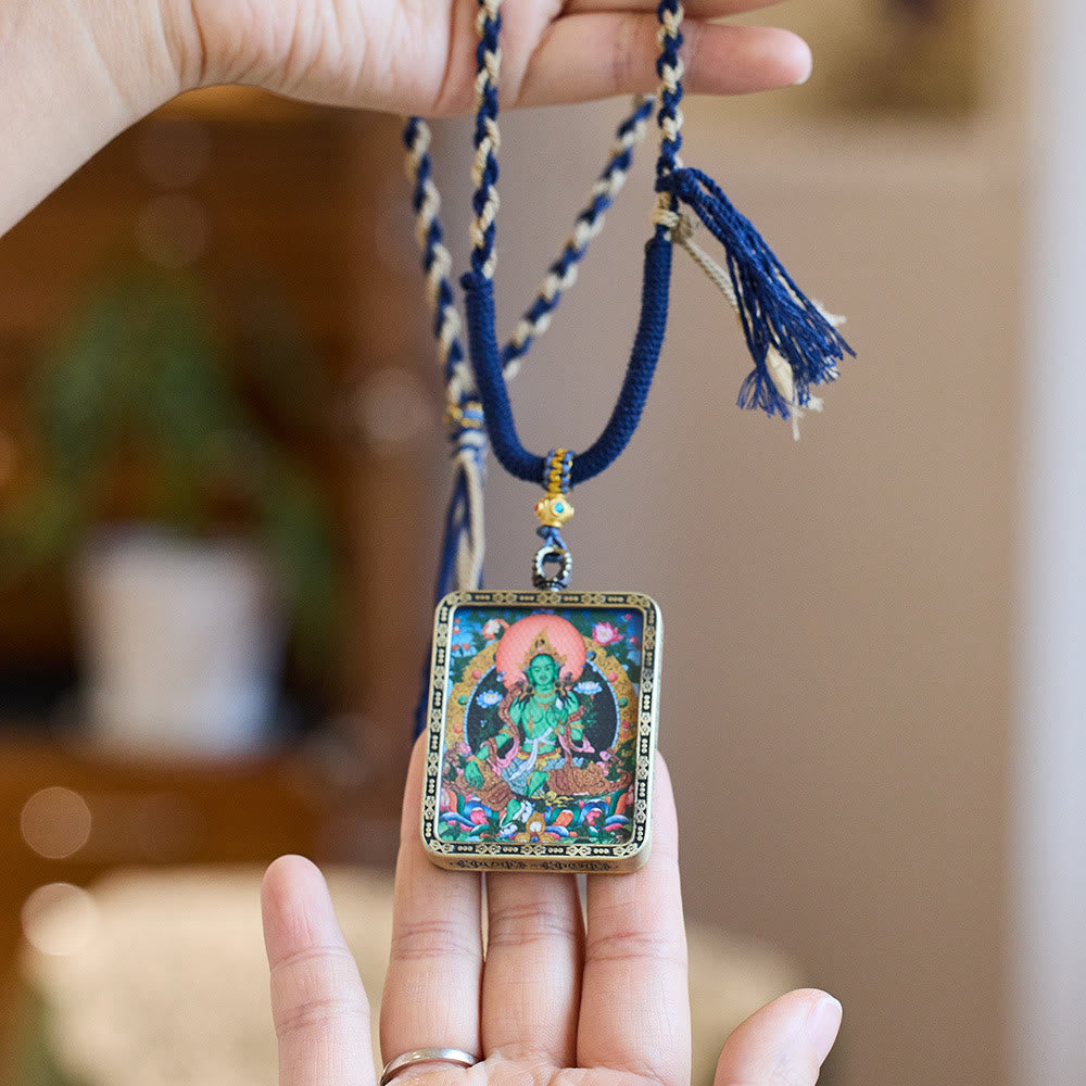 Tibetan Green Tara Hand-Painted Thangka Buddha Protection Necklace Pendant