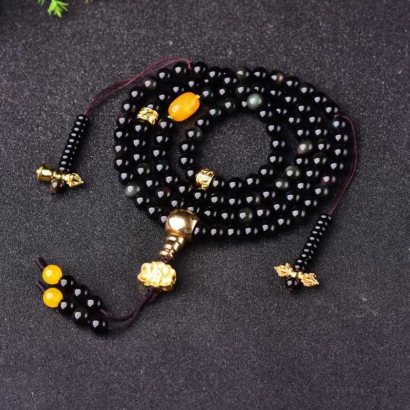 108 Beads Natural Black Obsidian Lotus Fulfilment Mala Bracelet