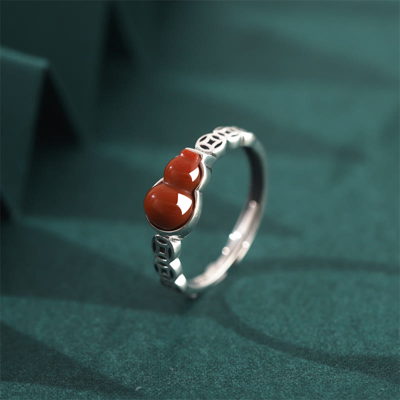 925 Sterling Silver Red Agate Gourd Copper Coin Self-acceptance Ring