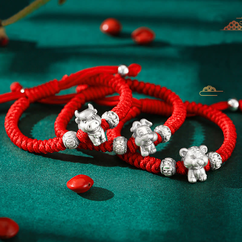 999 Sterling Silver Chinese Zodiac Red Rope Luck Handcrafted Kids Bracelet