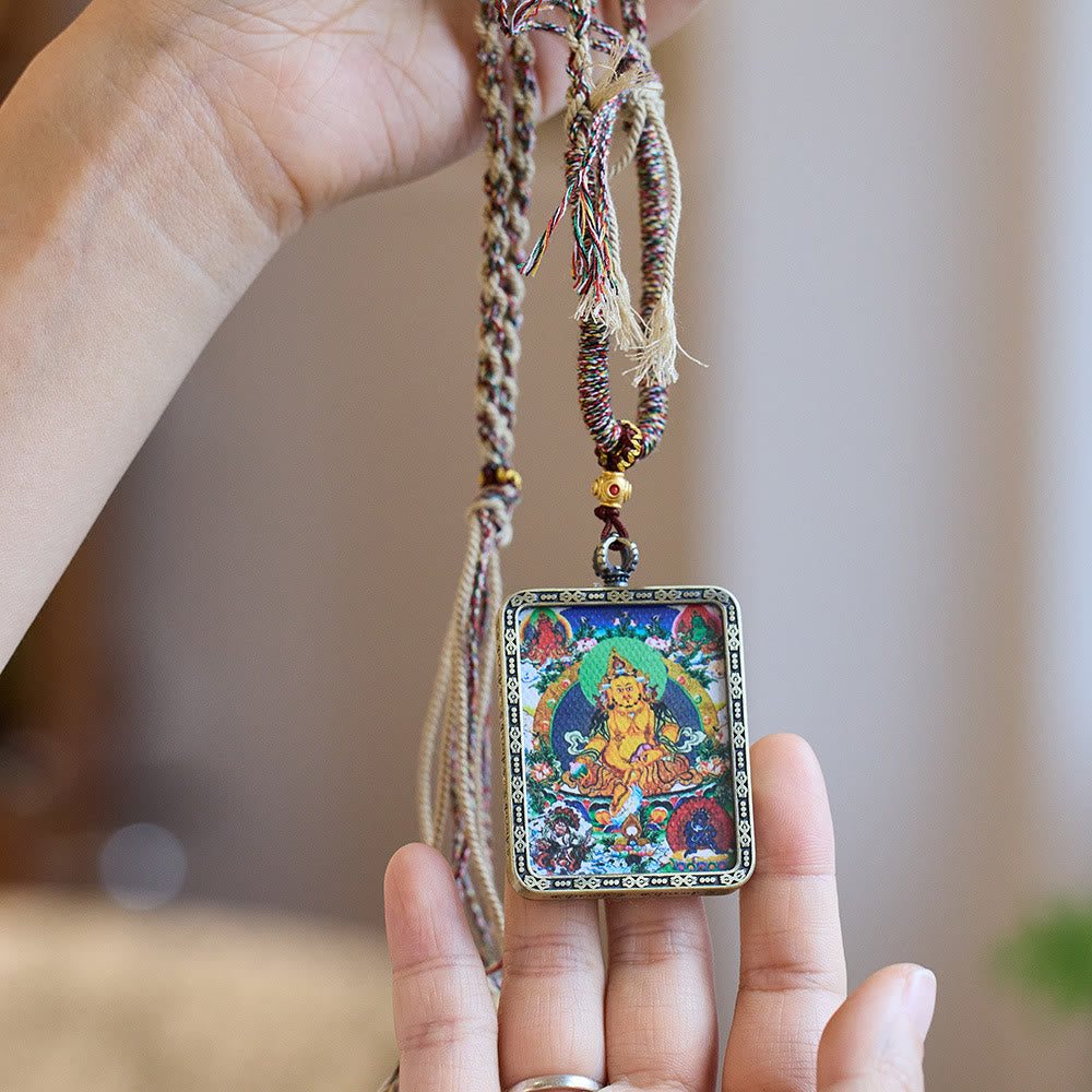Tibet Five Directions Gods of Wealth Hand-Painted Thangka Buddha Serenity Necklace Pendant