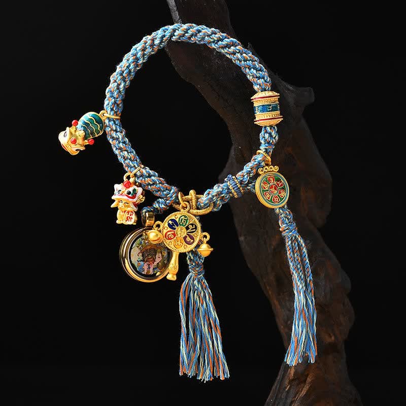 Tibetan Zakiram Goddess of Wealth Thangka Luck Prayer Wheel Braid String Bracelet