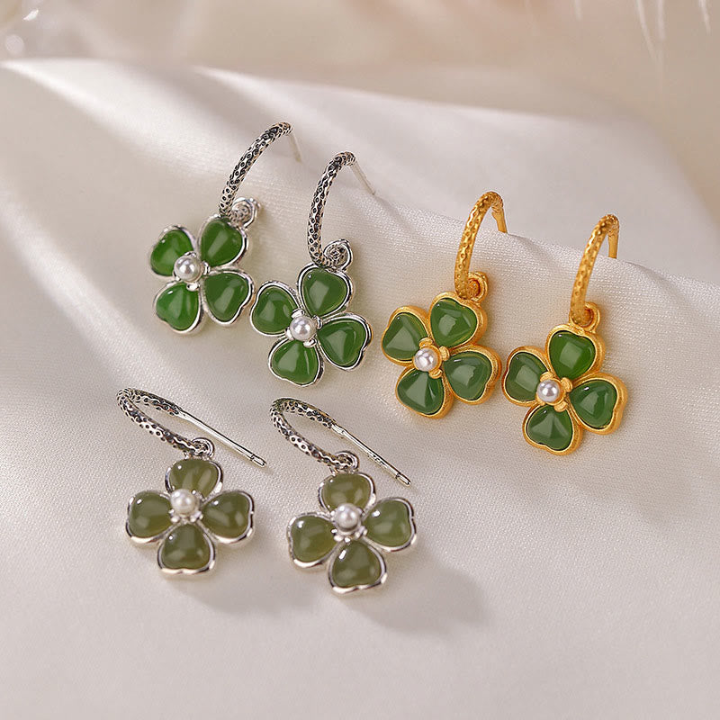 925 Sterling Silver Natural Cyan Jade Four Leaf Clover Luck Success Earrings