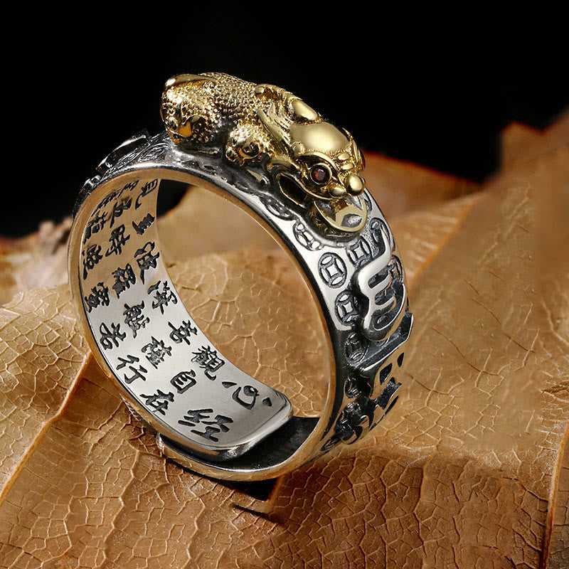 Tibetan 990 Sterling Silver Om Mani Padme Hum PiXiu Dorje Vajra Heart Sutra Engraved Wealth Ring