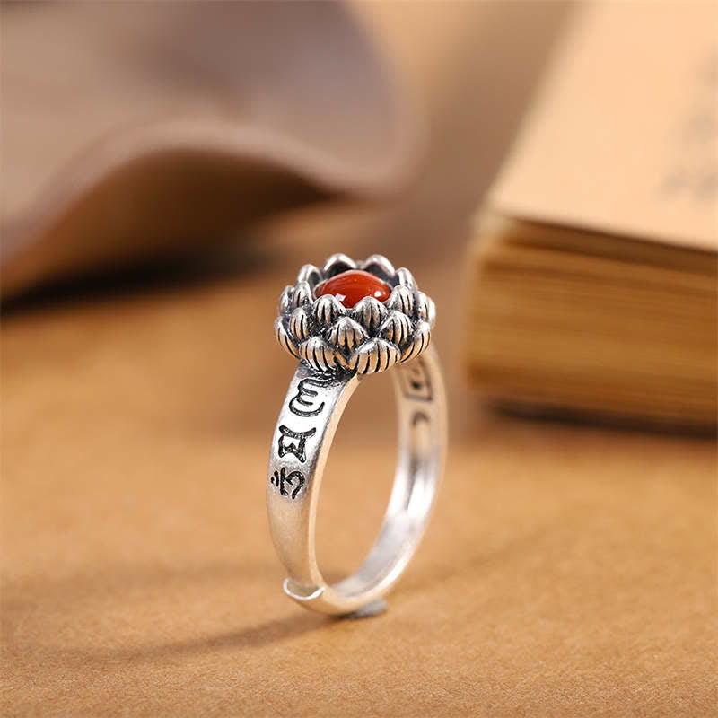 925 Sterling Silver Lotus Red Agate Confidence Blessing Ring