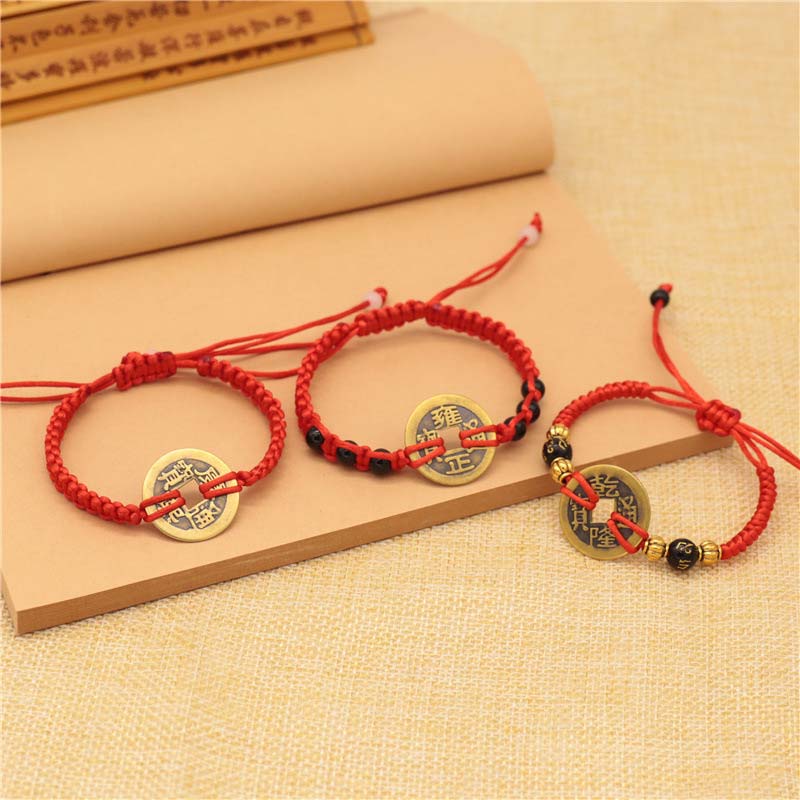 Copper Coin Fortune Red String Weave Bracelet