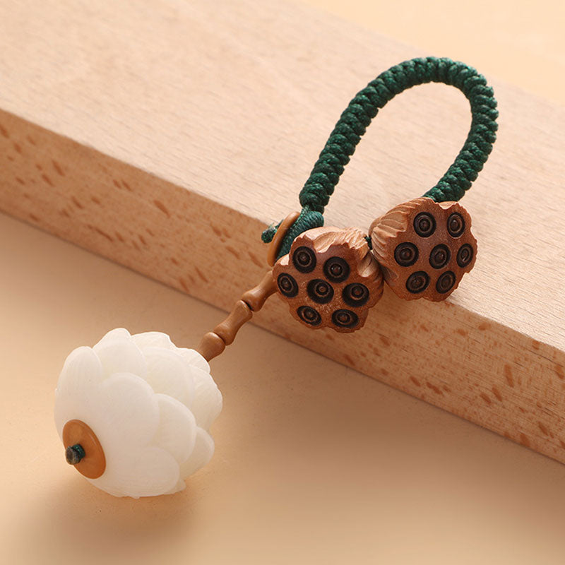 Lotus Natural White Bodhi Seed Peach Wood Luck Keychain Decoration