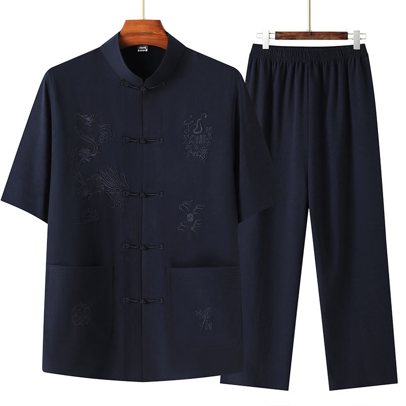Tang Suit Hanfu Chinese Dragon Traditional Kung Fu Uniform Short Sleeve Tops and Pants Clothing Men's Set