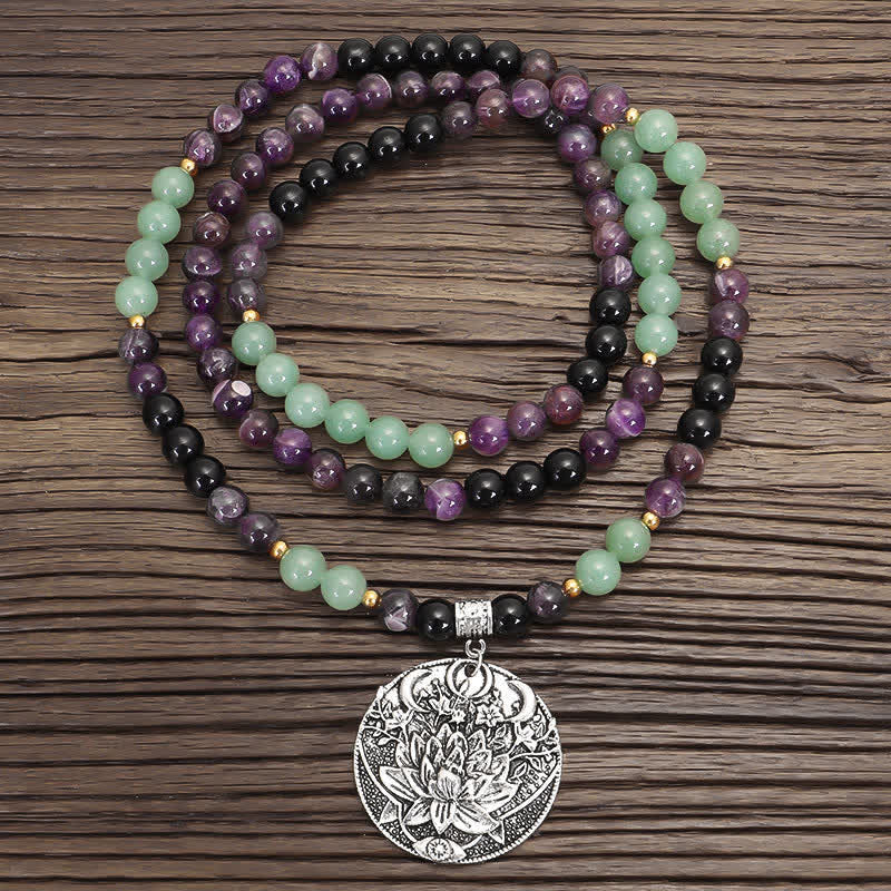 108 Mala Beads Amethyst Green Aventurine Lotus Meditation Bracelet